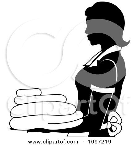 Clipart Black And White House Keeper Or Maid Carrying Linens 2 - Royalty Free Vector Illustration by Pams Clipart
