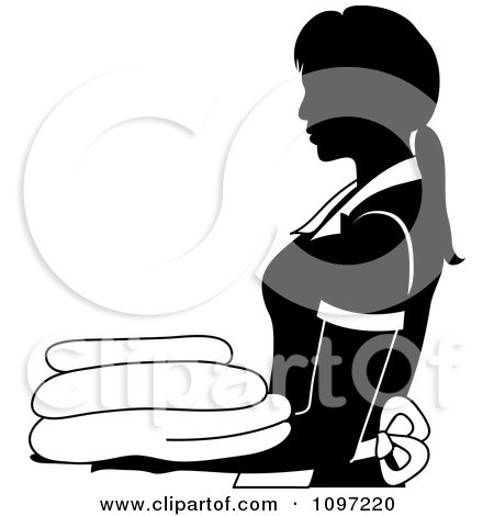 Clipart Black And White House Keeper Or Maid Carrying Linens 1 - Royalty Free Vector Illustration by Pams Clipart