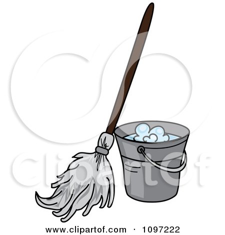 Clipart Mop Resting Against A Metal Cleaning Bucket - Royalty Free Vector Illustration by Pams Clipart