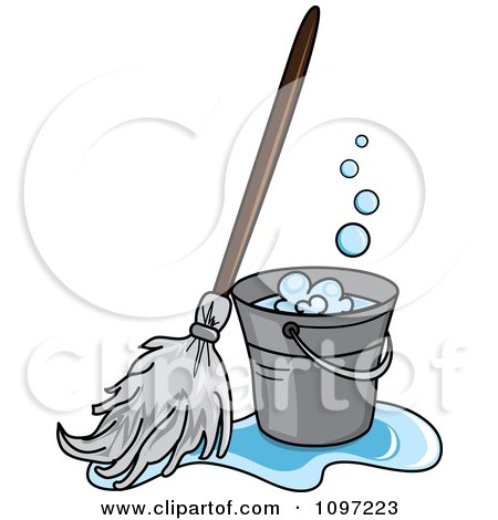 Clipart Mop In A Puddle Resting Against A Cleaning Bucket - Royalty Free Vector Illustration by Pams Clipart