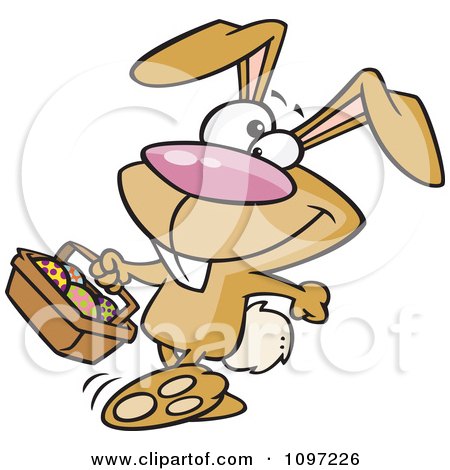 Clipart Happy Brown Easter Bunny Carrying A Basket Of Eggs - Royalty Free Vector Illustration by toonaday