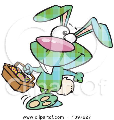 Clipart Happy Green Plaid Easter Bunny Carrying A Basket Of Eggs - Royalty Free Vector Illustration by toonaday