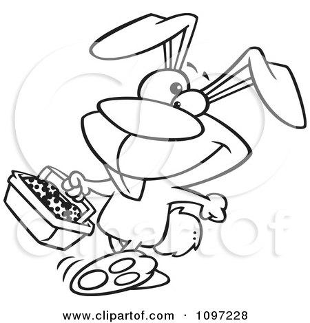 Clipart Outlined Happy Easter Bunny Carrying A Basket Of Eggs - Royalty Free Vector Illustration by toonaday