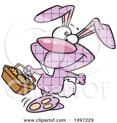 Clipart Happy Purple Plaid Easter Bunny Carrying A Basket Of Eggs - Royalty Free Vector Illustration by toonaday