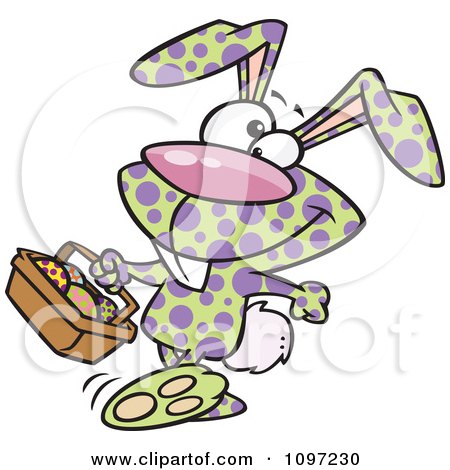 Clipart Happy Speckled Easter Bunny Carrying A Basket Of Eggs - Royalty Free Vector Illustration by toonaday