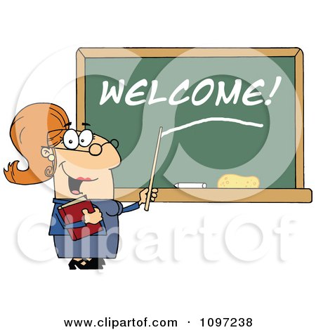 Clipart Friendly Female Teacher Pointing To Welcome On A Chalk Board - Royalty Free Vector Illustration by Hit Toon