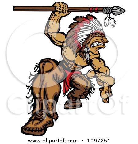 Clipart Muscular Native American Brave Chief Mascot Crouching With A Spear Over His Head - Royalty Free Vector Illustration by Chromaco