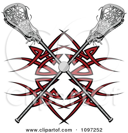 Clipart Lacrosse Ball And Sticks Over A Red Tribal Design - Royalty Free Vector Illustration by Chromaco