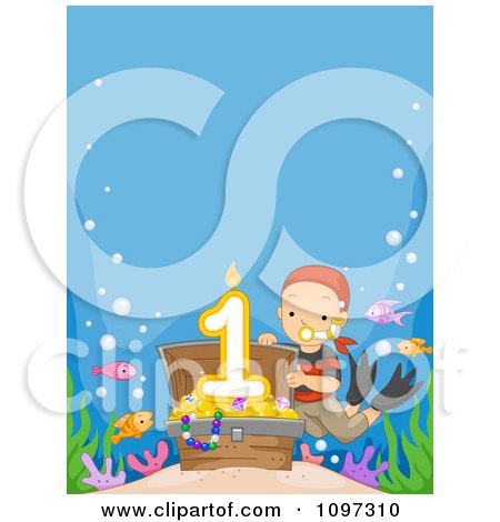 Clipart Boy Revealing A First Birthday Candle In A Sunken Treasure Chest With Copyspace - Royalty Free Vector Illustration by BNP Design Studio