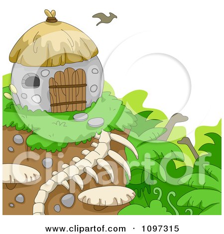 Clipart Bird Flying Over A Prehistoric Hut On A Cliff Over Dinosaurs - Royalty Free Vector Illustration by BNP Design Studio