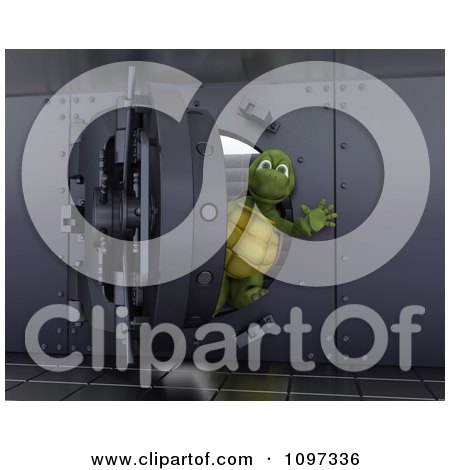 Clipart 3d Tortoise Waving From Inside A Bank Vault - Royalty Free CGI Illustration by KJ Pargeter