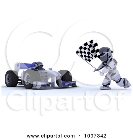 Clipart 3d Winning Race Car Driver And Robot With A Checkered Flag At The Finish Line - Royalty Free CGI Illustration by KJ Pargeter