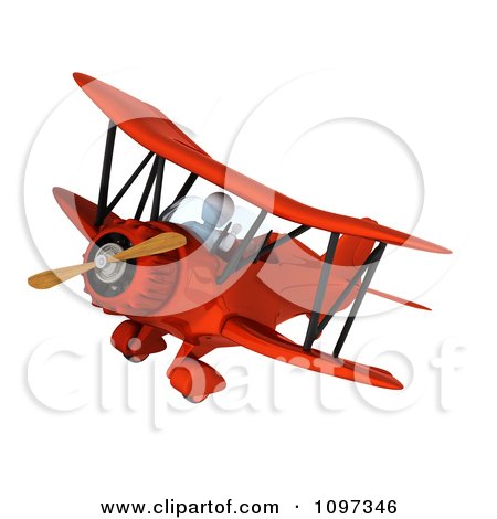 Clipart 3d White Character Waving And Piloting A Vintage Biplane - Royalty Free CGI Illustration by KJ Pargeter