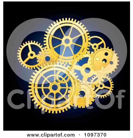 Clipart Golden Mechanical Gear Cogs Over Blue And Black - Royalty Free Vector Illustration by Vector Tradition SM
