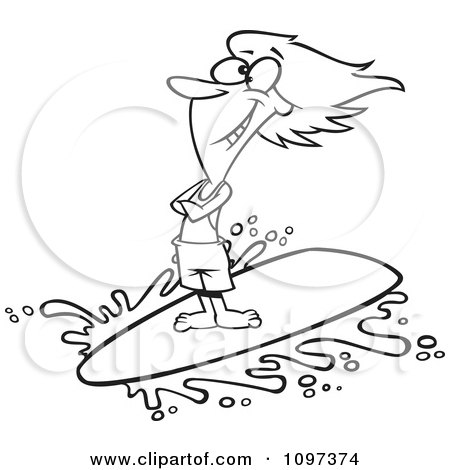 Clipart Outlined Happy Surfer Girl Riding A Wave - Royalty Free Vector Illustration by toonaday