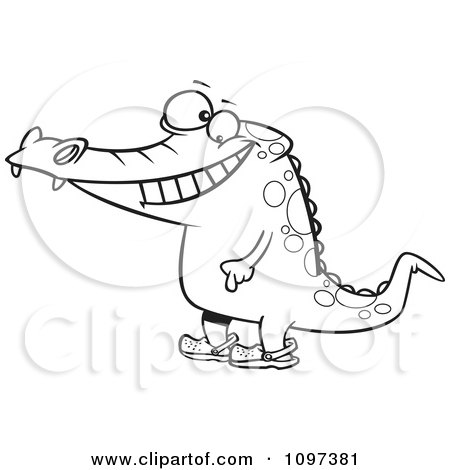 Clipart Outlined Happy Crocodile Standing Upright And Wearing Crocs On His Feet - Royalty Free Vector Illustration by toonaday