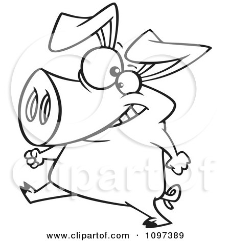Clipart Outlined Happy Pig Walking Upright - Royalty Free Vector Illustration by toonaday