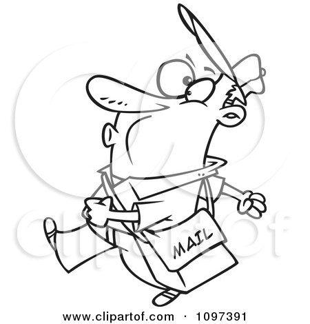 Clipart Outlined Happy Mail Man Walking And Whistling - Royalty Free Vector Illustration by toonaday