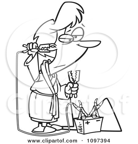 Clipart Outlined Tired Woman Trying To Recharge With A Battery Jump Start Kit - Royalty Free Vector Illustration by toonaday
