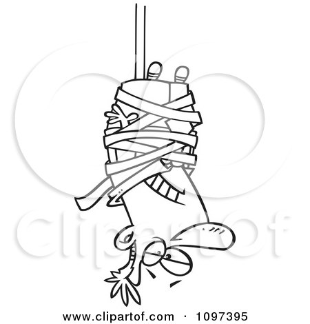 Clipart Outlined Businessman Caught Hanging Upside Down In Tape Formalities - Royalty Free Vector Illustration by toonaday