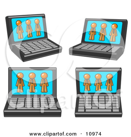 Four Laptop Computers With Three Orange Men on Each Screen Clipart Illustration by Leo Blanchette