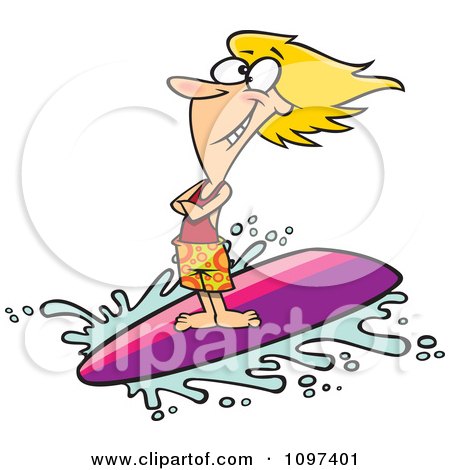 Clipart Happy Blond Surfer Girl Riding A Wave - Royalty Free Vector Illustration by toonaday