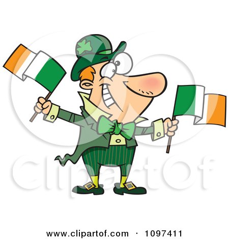 Clipart Happy Irish Man Leprechaun Waving Two Flags - Royalty Free Vector Illustration by toonaday
