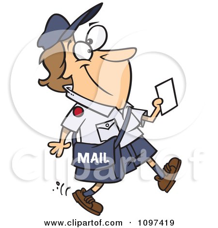 Clipart Happy Mail Woman Walking And Carrying A Message - Royalty Free Vector Illustration by toonaday