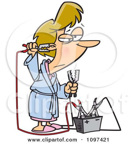 Clipart Tired Woman Trying To Up Her Energy With A Battery Jump Start Battery - Royalty Free Vector Illustration by toonaday