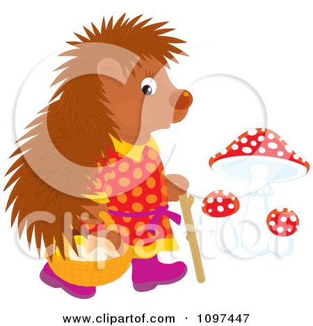 Clipart Hedgehog In Clothes Walking Upright And Gathering Mushrooms - Royalty Free Vector Illustration by Alex Bannykh