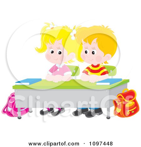 Clipart Cute School Boy And Girl Seated Patiently At Their Desk - Royalty Free Vector Illustration by Alex Bannykh