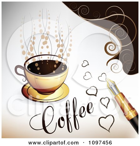 Clipart Calligraphy Ink Pen Drawing Hearts By A Cup Of Coffee - Royalty Free Vector Illustration by merlinul