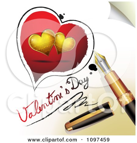 Clipart 3d Fountain Pen Drawing Red And Gold Hearts And Valentines Day Text On A Page - Royalty Free Vector Illustration by merlinul