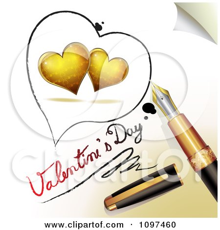 Clipart 3d Fountain Pen Drawing An Outline Around Two Gold Hearts And Valentines Day Text On A Page - Royalty Free Vector Illustration by merlinul