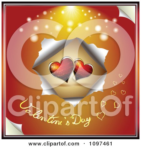 Clipart Valentines Day Text Under A Torn Orange Background With Red Hearts - Royalty Free Vector Illustration by merlinul