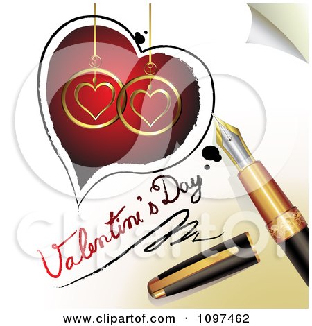 Clipart 3d Fountain Pen Drawing A Heart Outline Around Red And Golden Hearts And Valentines Day Text On A Page - Royalty Free Vector Illustration by merlinul