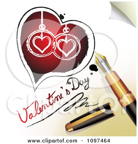 Clipart 3d Fountain Pen Drawing A Heart And Valentines Day Text On A Page - Royalty Free Vector Illustration by merlinul