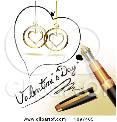 Clipart 3d Fountain Pen Drawing A Heart Outline Around Ornaments And Valentines Day Text On A Page - Royalty Free Vector Illustration by merlinul