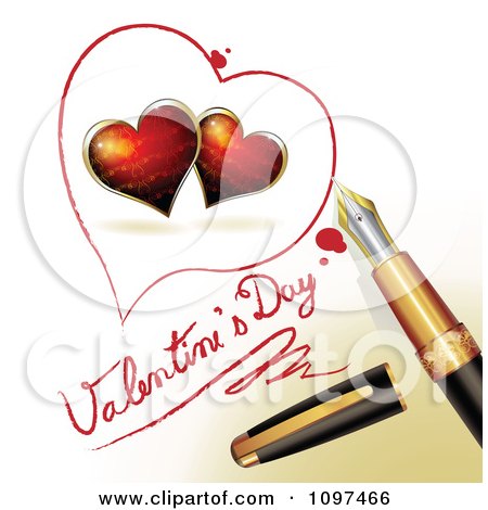 Clipart 3d Fountain Pen Drawing A Heart Outline Around Red Hearts And Valentines Day Text On A Page - Royalty Free Vector Illustration by merlinul
