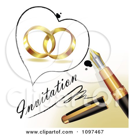 Clipart 3d Fountain Pen Drawing A Heart Outline Around Wedding Rings And Invitation Text On A Page - Royalty Free Vector Illustration by merlinul