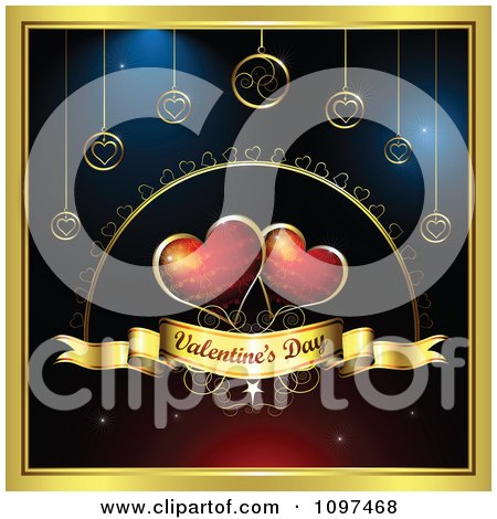 Clipart Two Red Hearts Over A Valentinse Day Banner With Ornaments And A Gold Frame - Royalty Free Vector Illustration by merlinul