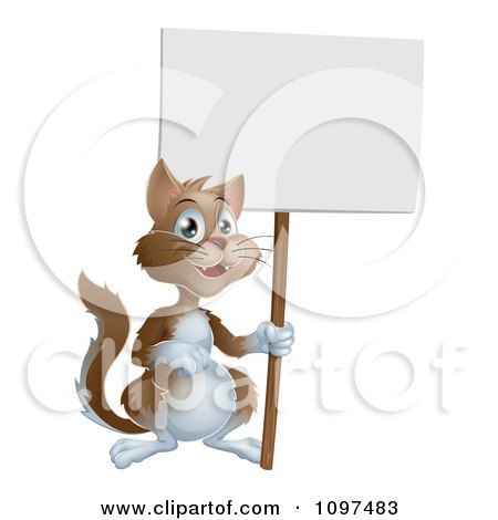 Clipart Happy Brown And White Cat Holding Up A Sign - Royalty Free Vector Illustration by AtStockIllustration