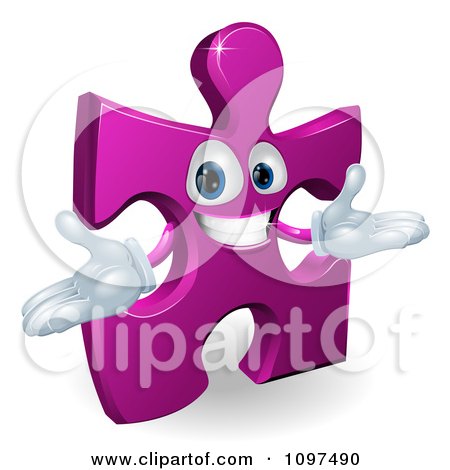 Clipart Happy Purple Jigsaw Puzzle Piece Mascot - Royalty Free Vector Illustration by AtStockIllustration