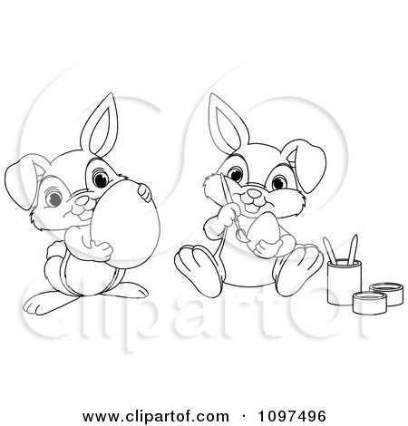 Clipart Cute Outlined Easter Bunnies Holding And Painting Easter Eggs - Royalty Free Vector Illustration by Pushkin