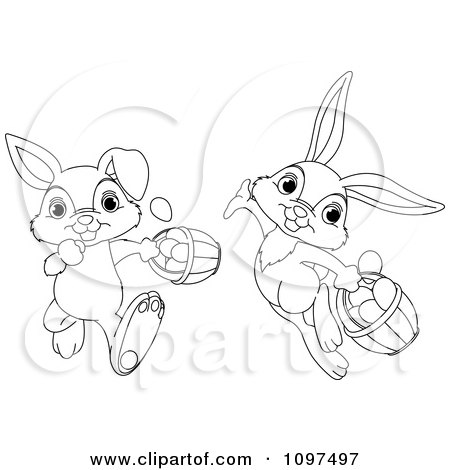 Clipart Cute Outlined Easter Bunnies Running And Leaping With Eggs In Baskets - Royalty Free Vector Illustration by Pushkin
