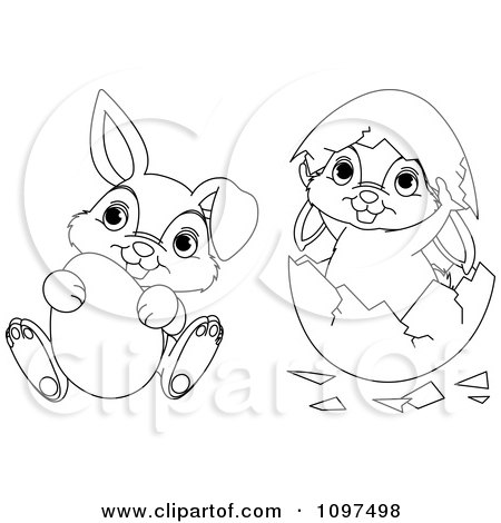 Clipart Cute Outlined Easter Bunnies Playing With An Egg And Shell - Royalty Free Vector Illustration by Pushkin