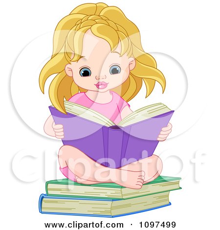 Clipart Cute Blond Girl Sitting On Books And Reading - Royalty Free Vector Illustration by Pushkin