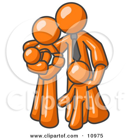 Orange Family Man, a Father, Hugging His Wife and Two Children Clipart Illustration by Leo Blanchette