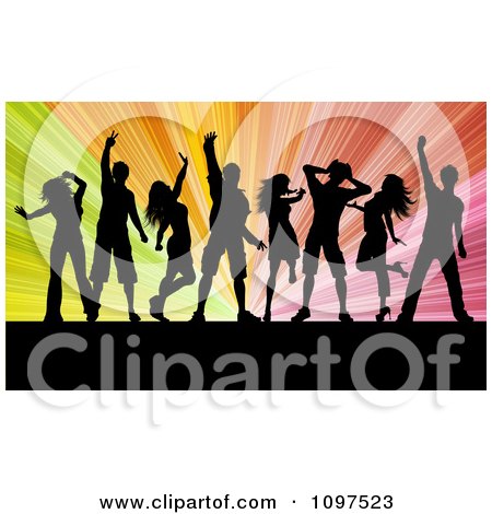 Clipart Silhouetted Party People Dancing Over A Colorful Burst Of Rays - Royalty Free Vector Illustration by KJ Pargeter