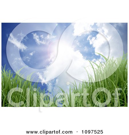 Clipart Blue Cloudy Sky And Sun Shining Down On 3d Grass - Royalty Free Vector Illustration by KJ Pargeter